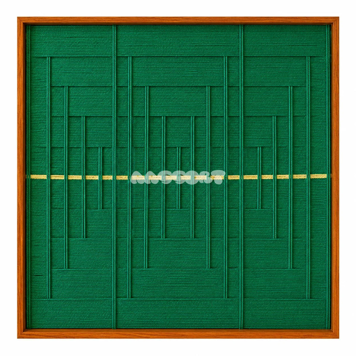 Front view of Green Shadow Weave SQ025 emerald green textured yarn wall art with a fine yellow accent line on a white background