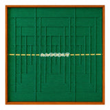 Front view of Green Shadow Weave SQ025 emerald green textured yarn wall art with a fine yellow accent line on a white background