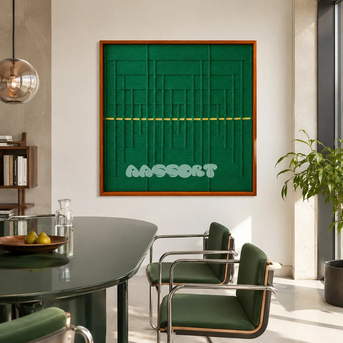 Green Shadow Weave SQ025 emerald green framed yarn art above a green table in a sunlit modern dining room