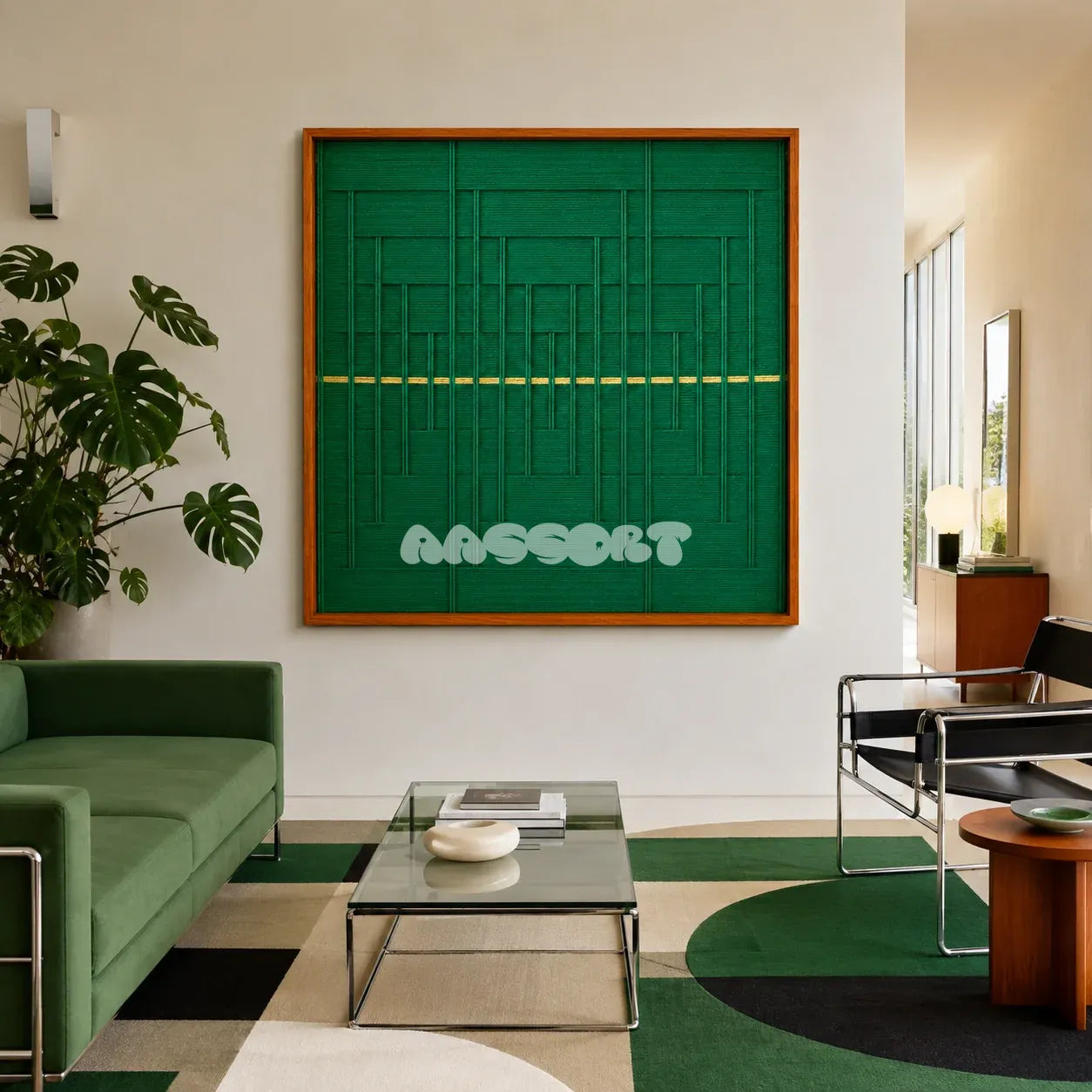 Green Shadow Weave SQ025 emerald green framed yarn art above a green sofa in a bright modern living room
