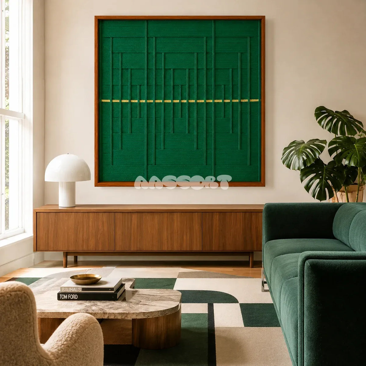 Green Shadow Weave SQ025 emerald green framed yarn art above a wood sideboard in a bright modern living room