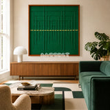 Green Shadow Weave SQ025 emerald green framed yarn art above a wood sideboard in a bright modern living room