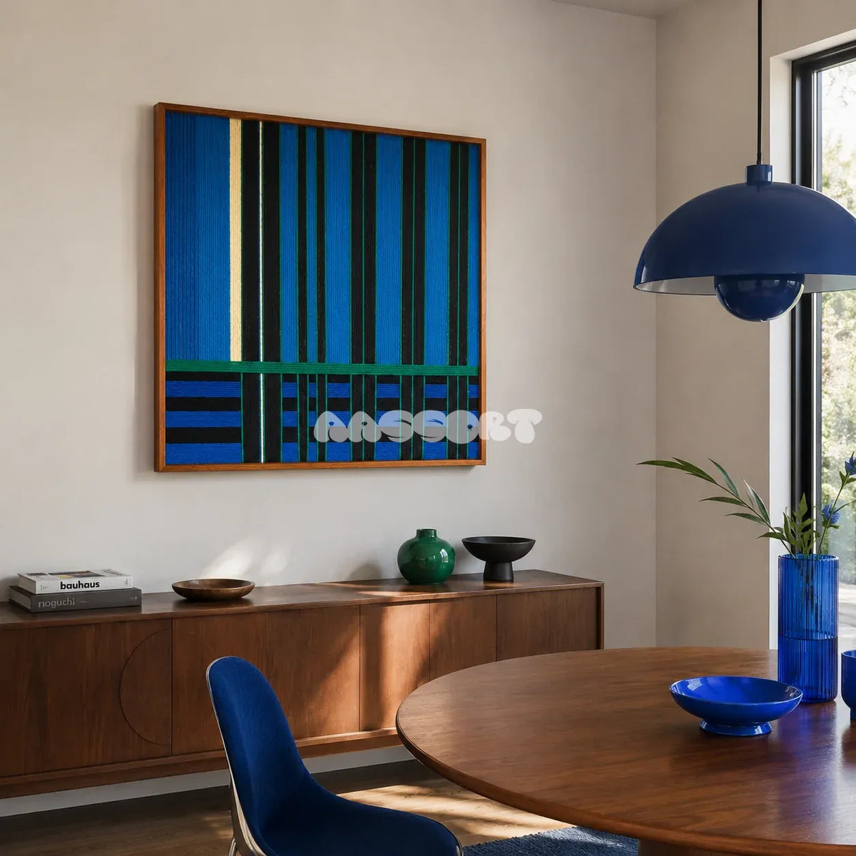Summer Night's Serenity SQ026 blue black and green framed yarn art above a wood sideboard in a sunlit dining room