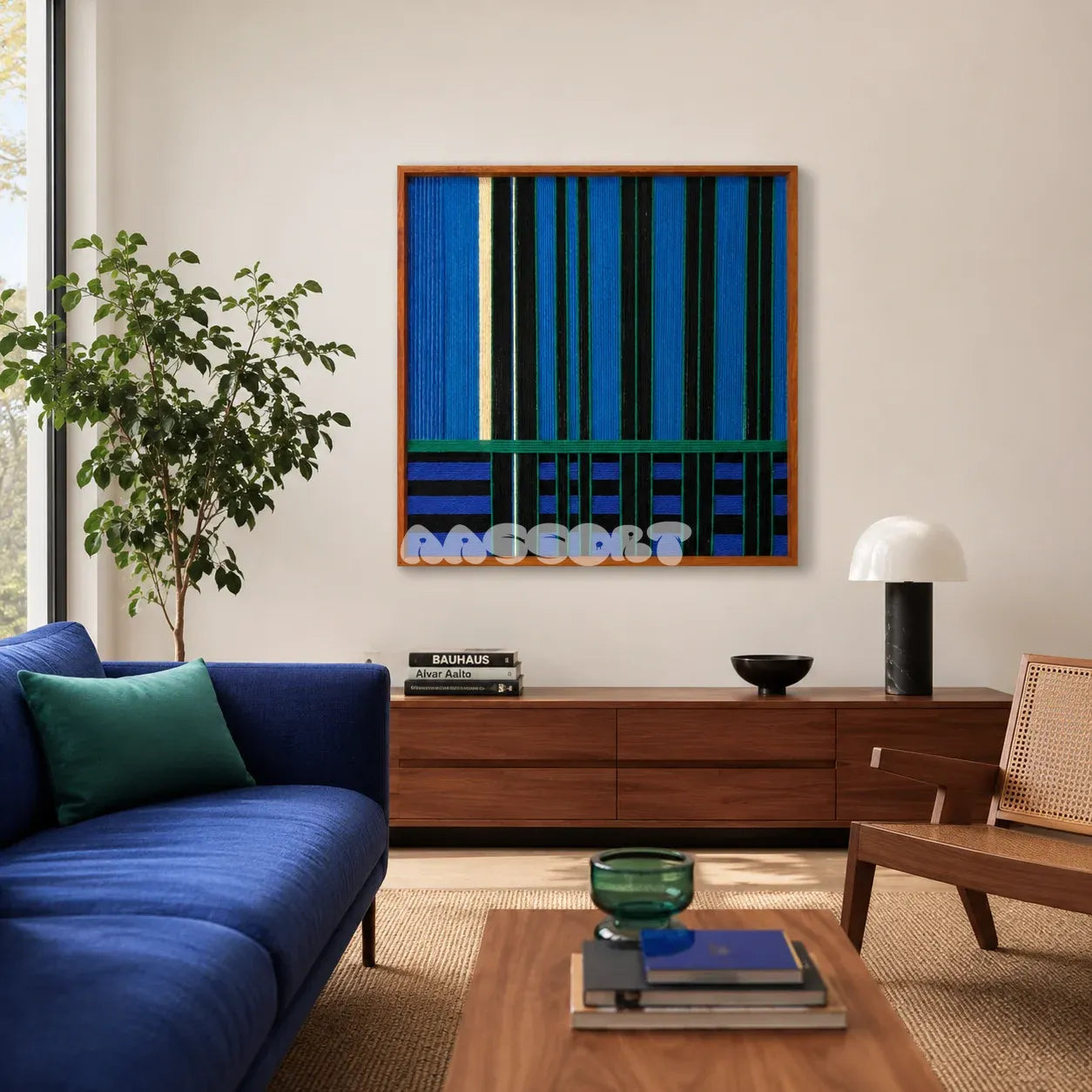 Summer Night's Serenity SQ026 blue black and green framed yarn art above a blue sofa in a bright modern living room