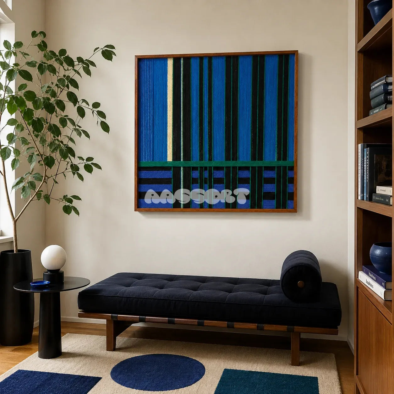 Summer Night's Serenity SQ026 blue black and green framed yarn art above a navy daybed in a quiet reading corner