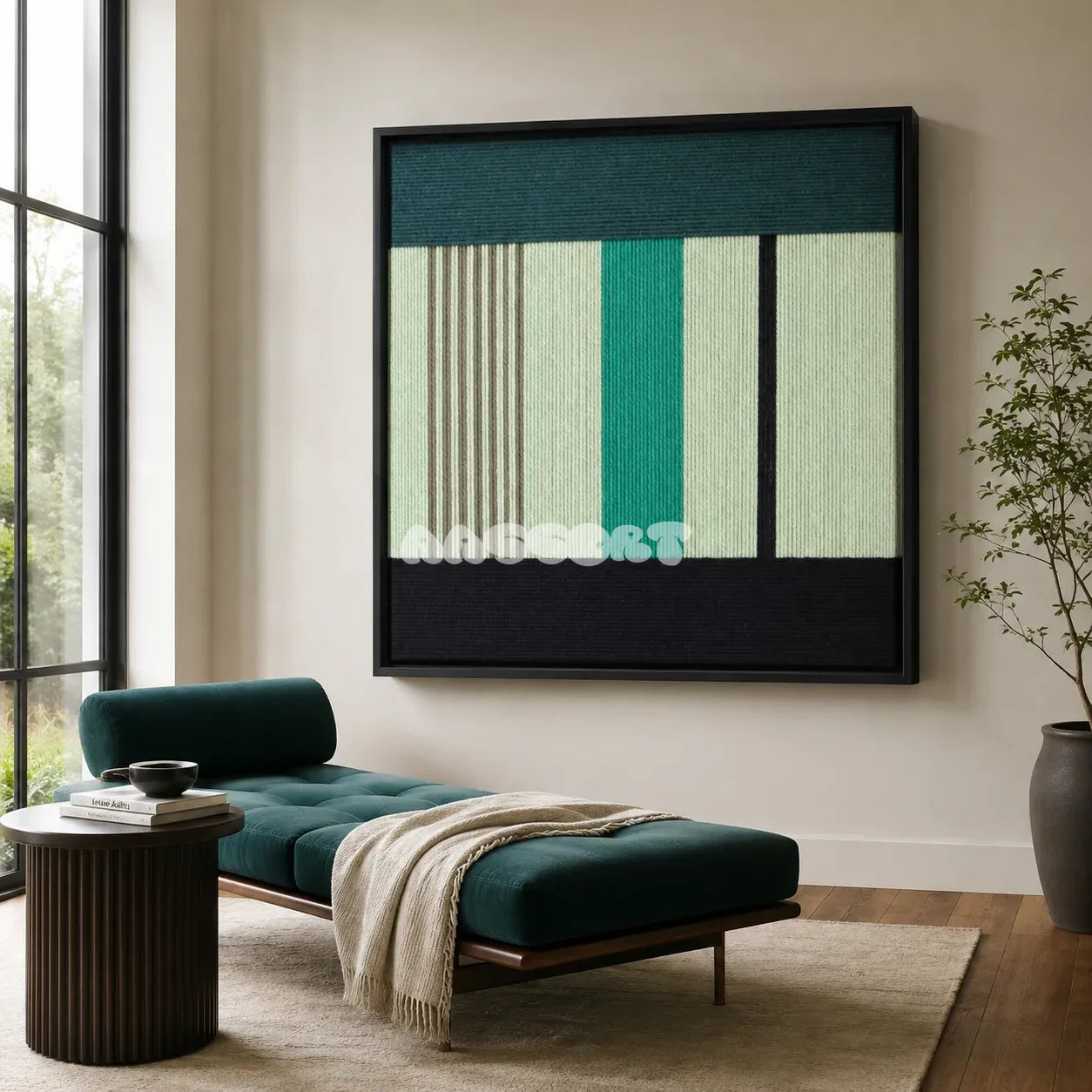 Green Branches SQ027 green cream and black framed yarn art above a green chaise lounge in a sunlit reading corner