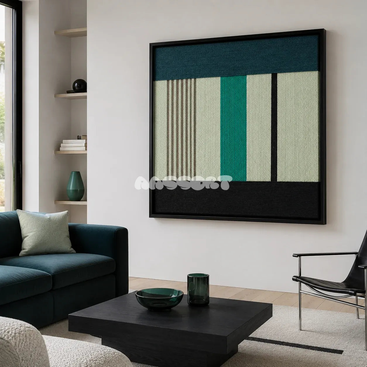 Green Branches SQ027 green cream and black framed yarn art above a dark green sofa in a minimalist living room