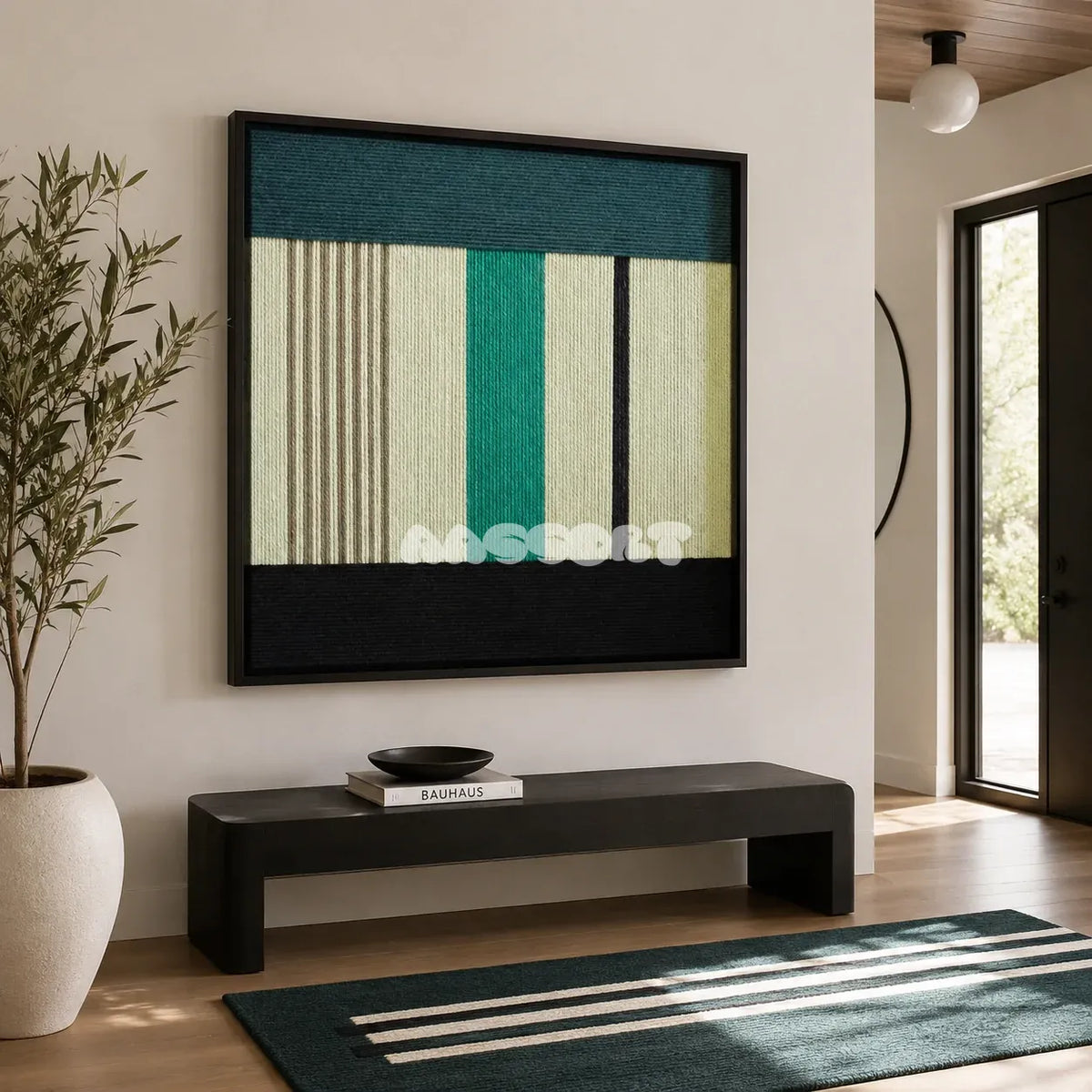 Green Branches SQ027 green cream and black framed yarn art above a black bench in a bright modern entryway