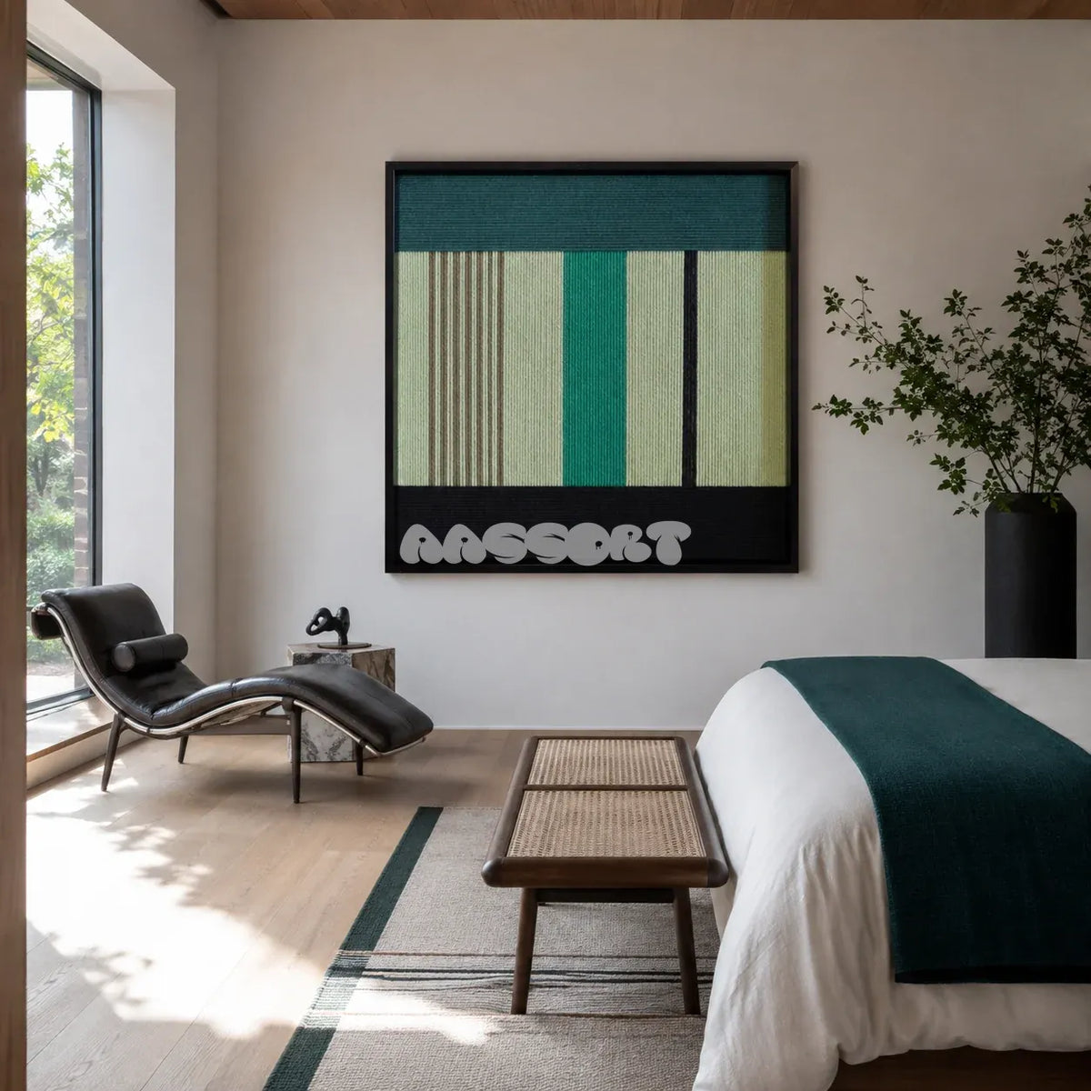 Green Branches SQ027 green cream and black framed yarn art above a black lounge chair in a serene modern bedroom