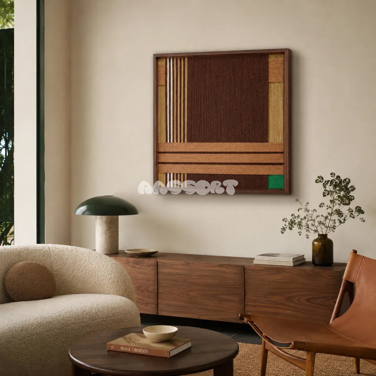 Earthy Fragrance SQ028 brown tan and green framed yarn art above a walnut sideboard beside a leather chair in a warm living room
