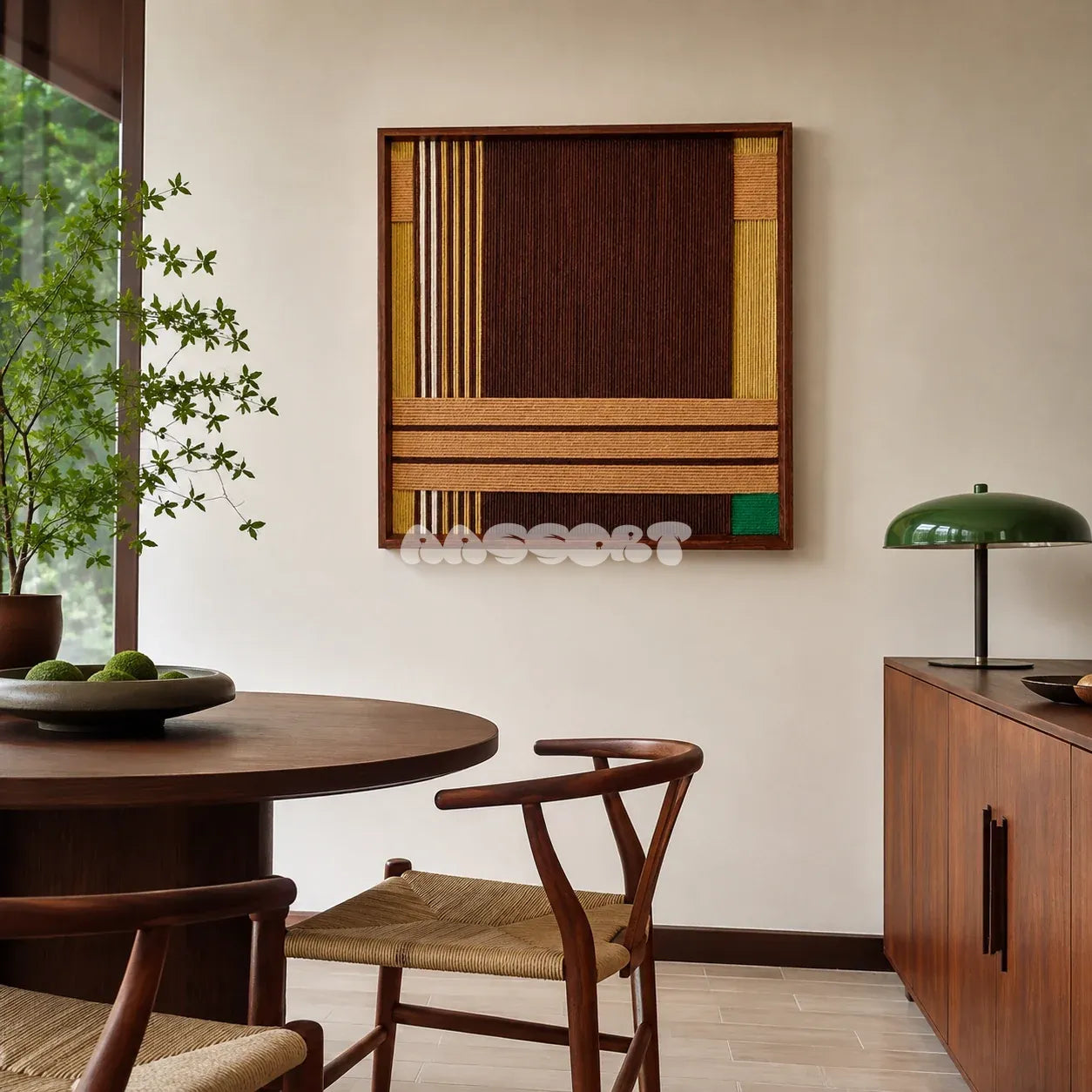 Earthy Fragrance SQ028 brown tan and green framed yarn art above a round wood table in a warm dining room