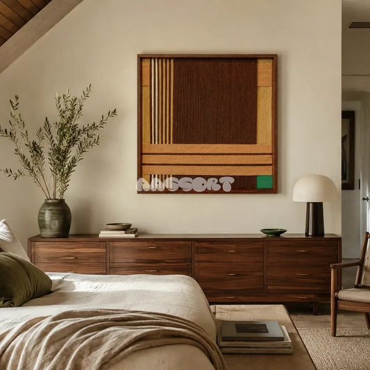 Earthy Fragrance SQ028 brown tan and green framed yarn art above a walnut dresser in a warm modern bedroom