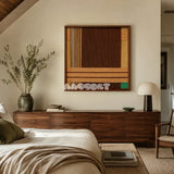 Earthy Fragrance SQ028 brown tan and green framed yarn art above a walnut dresser in a warm modern bedroom