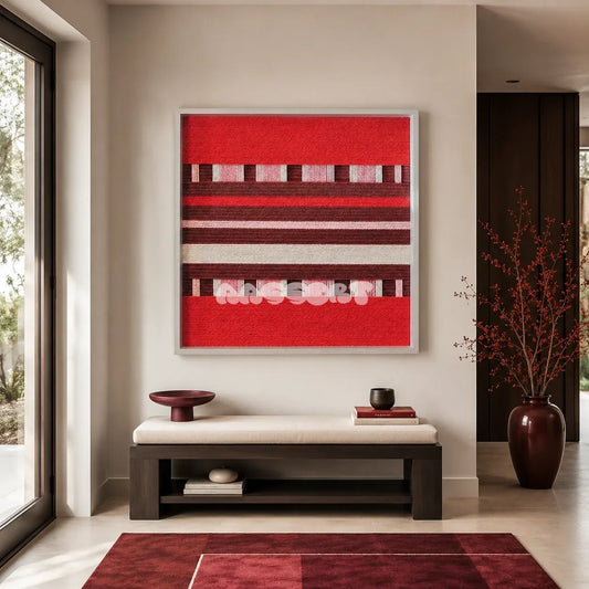 Spring Miss SQ029 red burgundy pink and cream framed yarn art above a cushioned bench in a modern entryway