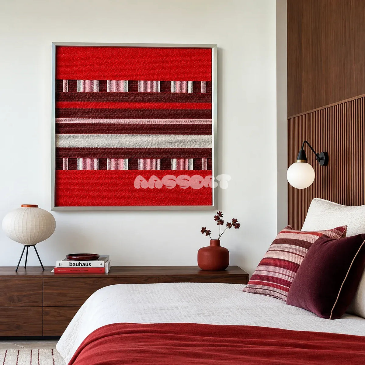 Spring Miss SQ029 red burgundy pink and cream framed yarn art above a walnut dresser in a red accent bedroom