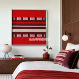 Spring Miss SQ029 red burgundy pink and cream framed yarn art above a walnut dresser in a red accent bedroom