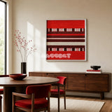 Spring Miss SQ029 red burgundy pink and cream framed yarn art above a walnut sideboard in a warm dining room