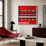 Spring Miss SQ029 red burgundy pink and cream framed yarn art above a red lounge chair in a modern living room