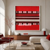 Spring Miss SQ029 red burgundy pink and cream framed yarn art above a white sofa in a bright modern living room