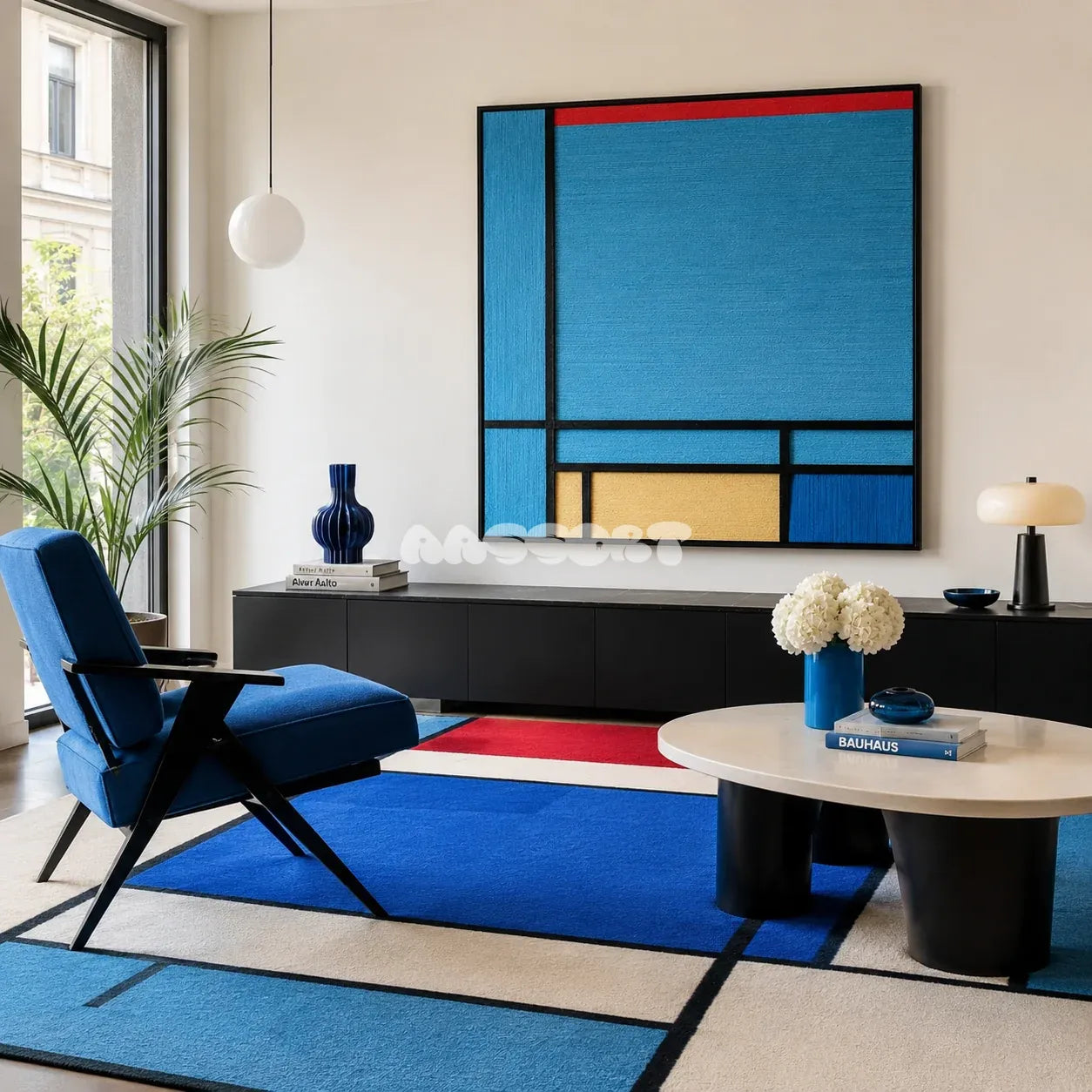 Weave Reshape SQ030 blue black red and yellow framed yarn art above a black sideboard beside a blue chair in a modern living room