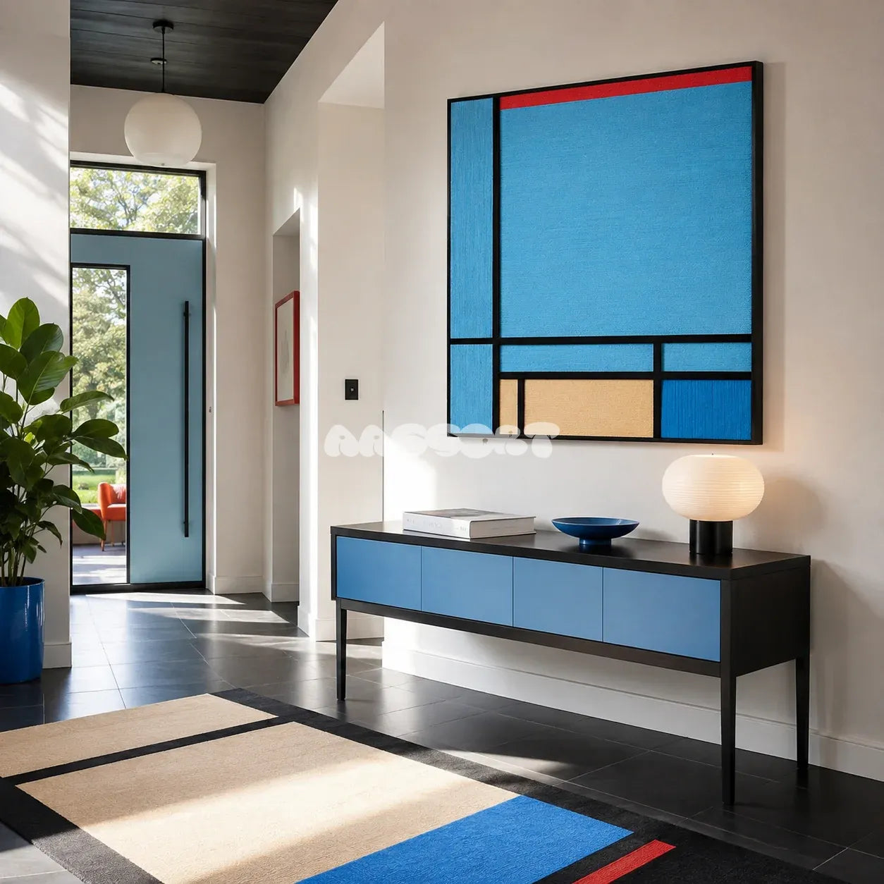 Weave Reshape SQ030 blue black red and yellow framed yarn art above a blue console in a modern entryway