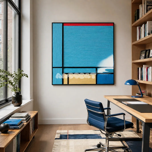 Weave Reshape SQ030 blue black red and yellow framed yarn art above a wood desk in a bright home office