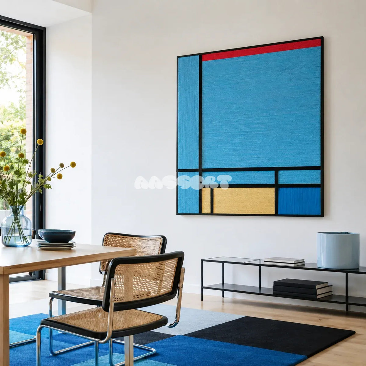 Weave Reshape SQ030 blue black red and yellow framed yarn art beside a wood table and cane chairs in a bright dining room
