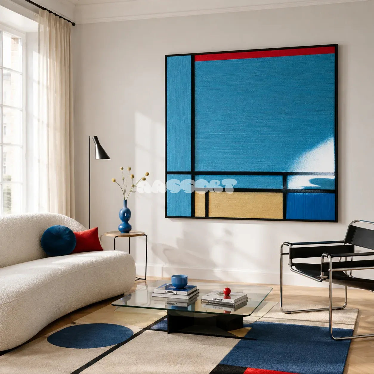 Weave Reshape SQ030 blue black red and yellow framed yarn art above a white sofa in a bright modern living room