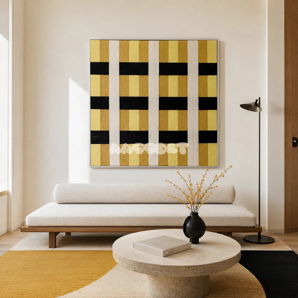 Downton Manor SQ031 mustard gold black and white framed yarn art above a white daybed in a minimalist living room