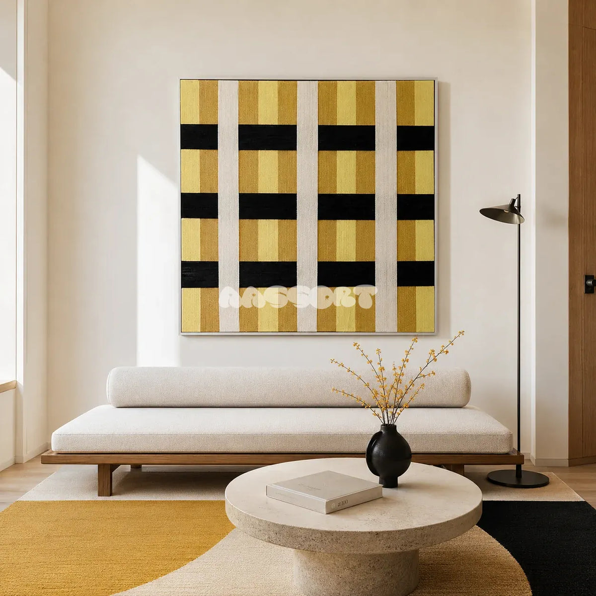 Downton Manor SQ031 mustard gold black and white framed yarn art above a white daybed in a minimalist living room