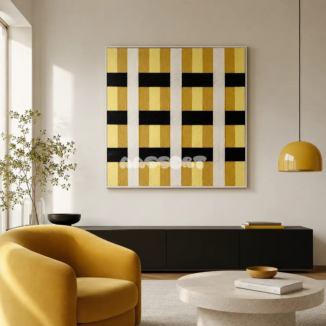 Downton Manor SQ031 mustard gold black and white framed yarn art above a black sideboard beside a yellow chair in a modern living room