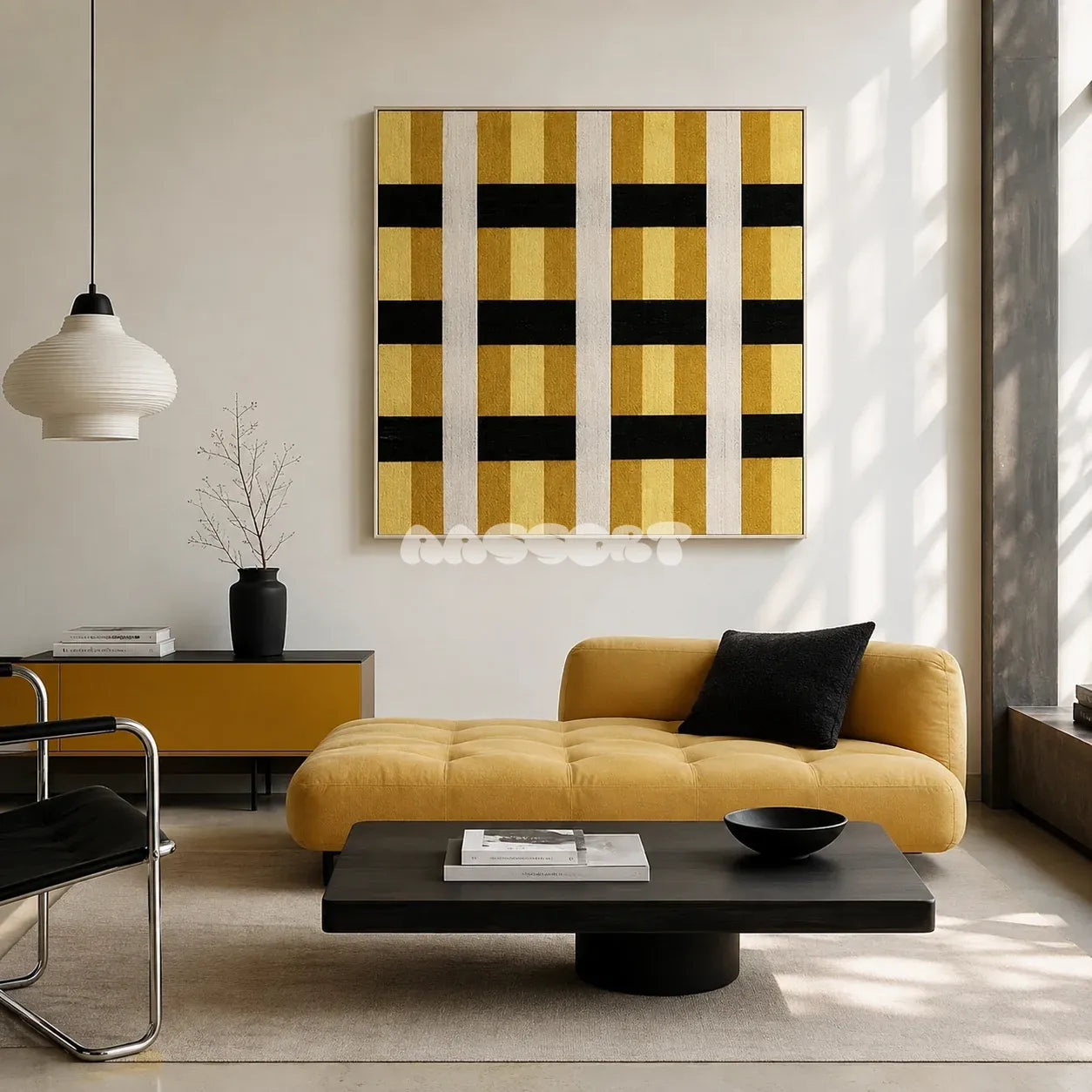 Downton Manor SQ031 mustard gold black and white framed yarn art above a yellow chaise lounge in a modern living room