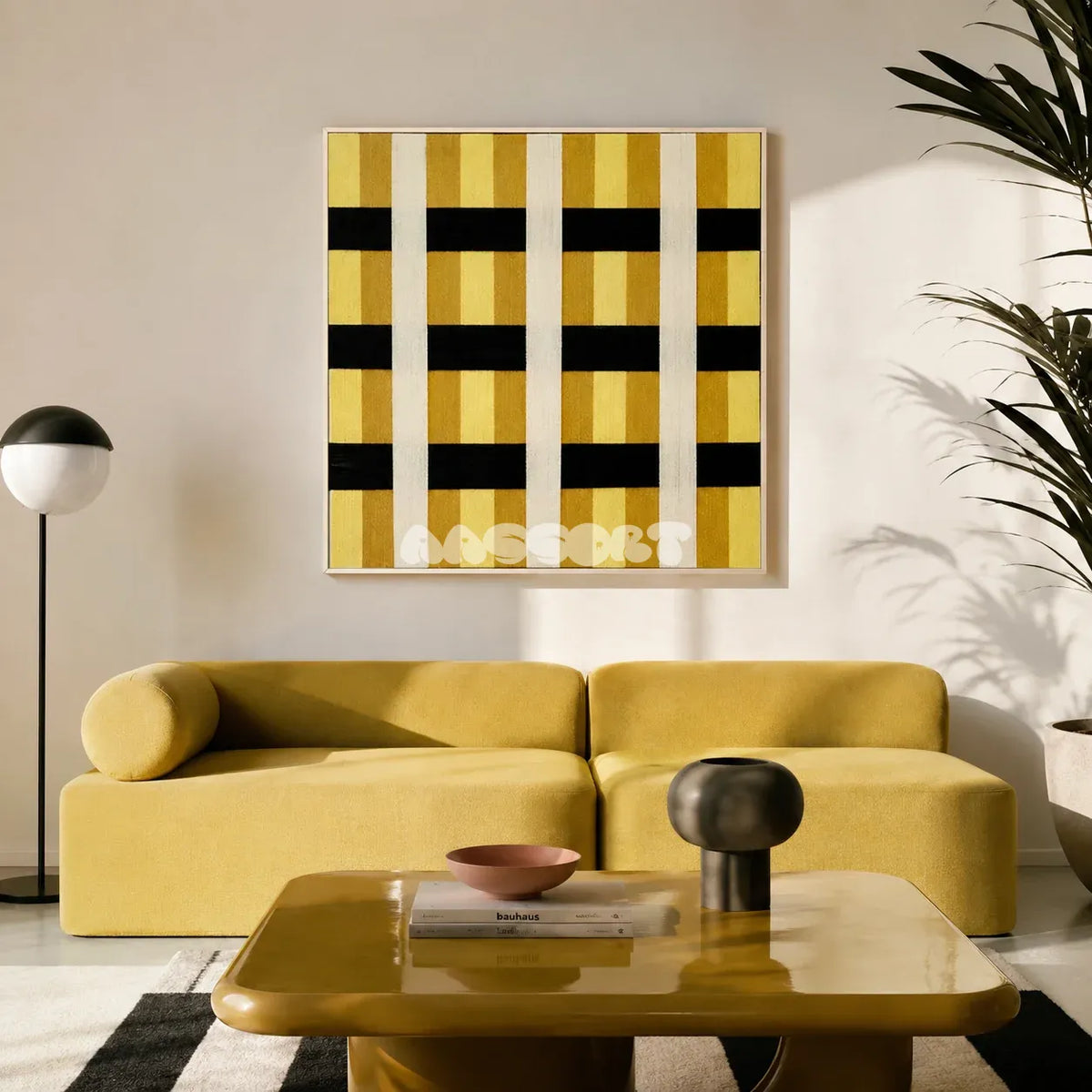 Downton Manor SQ031 mustard gold black and white framed yarn art above a yellow modular sofa in a sunlit living room