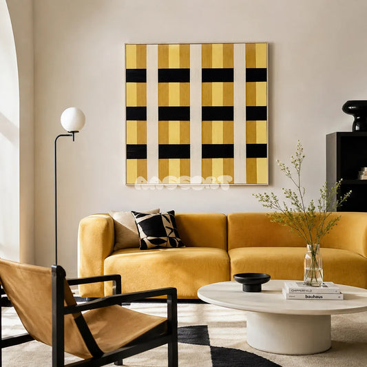 Downton Manor SQ031 mustard gold black and white framed yarn art above a yellow sofa in a bright modern living room
