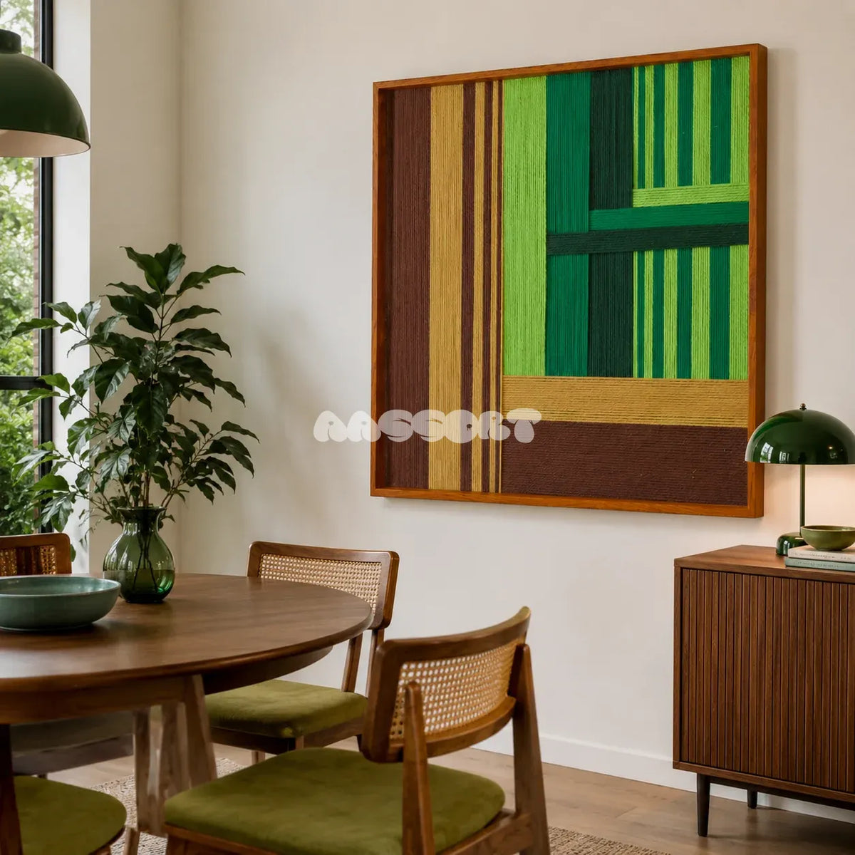Summer Mountain Walk SQ032 green brown and tan framed yarn art beside a round wood table and cane chairs in a bright dining room