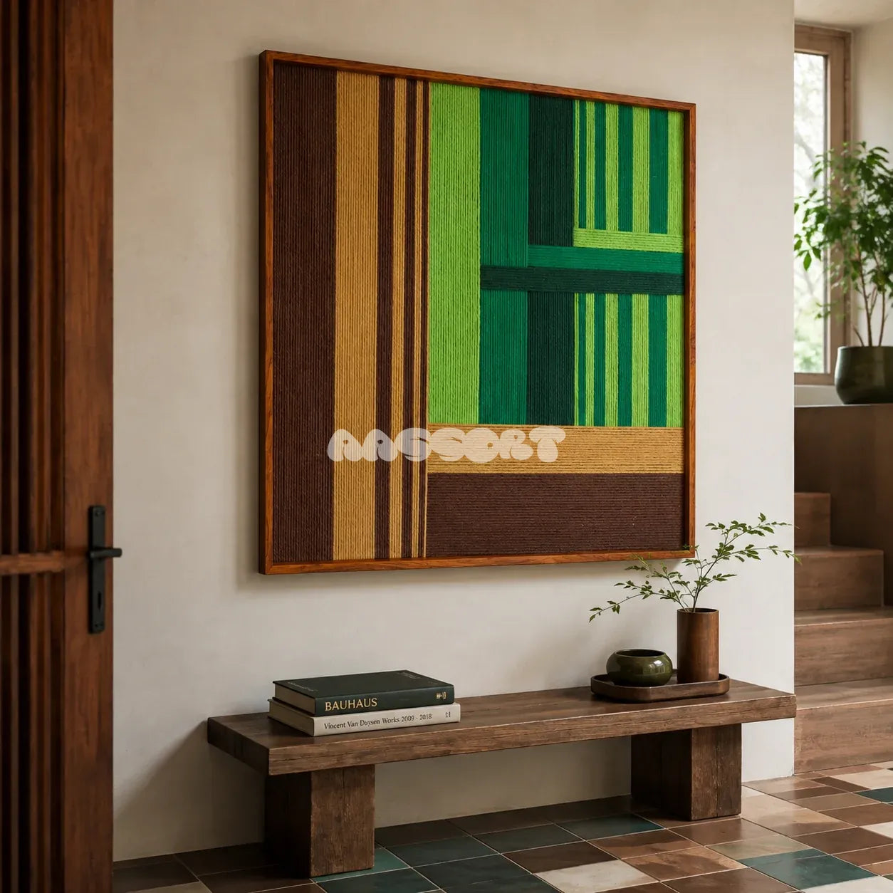 Summer Mountain Walk SQ032 green brown and tan framed yarn art above a rustic wood bench in a warm modern entryway