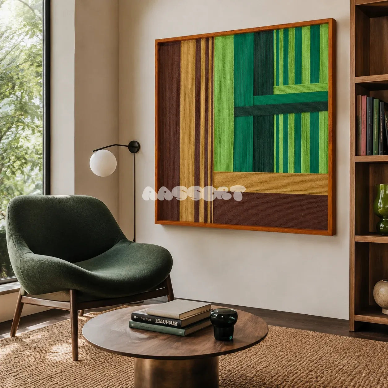 Summer Mountain Walk SQ032 green brown and tan framed yarn art beside a dark green lounge chair in a sunlit reading corner