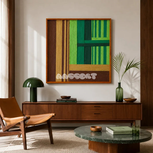 Summer Mountain Walk SQ032 green brown and tan framed yarn art above a walnut sideboard beside a leather chair in a warm living room