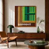 Summer Mountain Walk SQ032 green brown and tan framed yarn art above a walnut sideboard beside a leather chair in a warm living room
