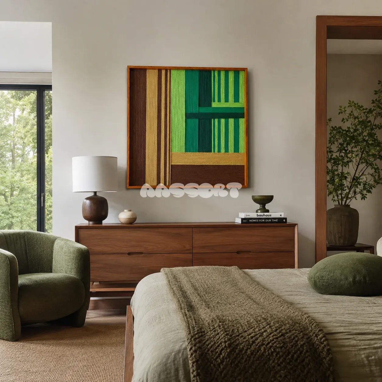 Summer Mountain Walk SQ032 green brown and tan framed yarn art above a walnut dresser in a calm modern bedroom