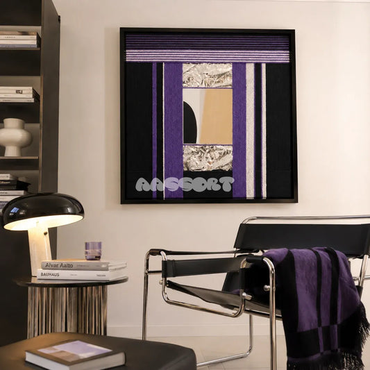 HOUTIAN SQ033 purple black white and silver framed yarn mirror art above a black lounge chair in a modern living room