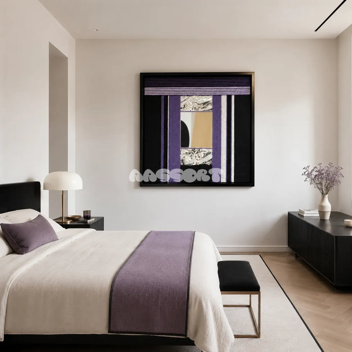 HOUTIAN SQ033 purple black white and silver framed yarn mirror art above a bed with purple accents in a modern bedroom