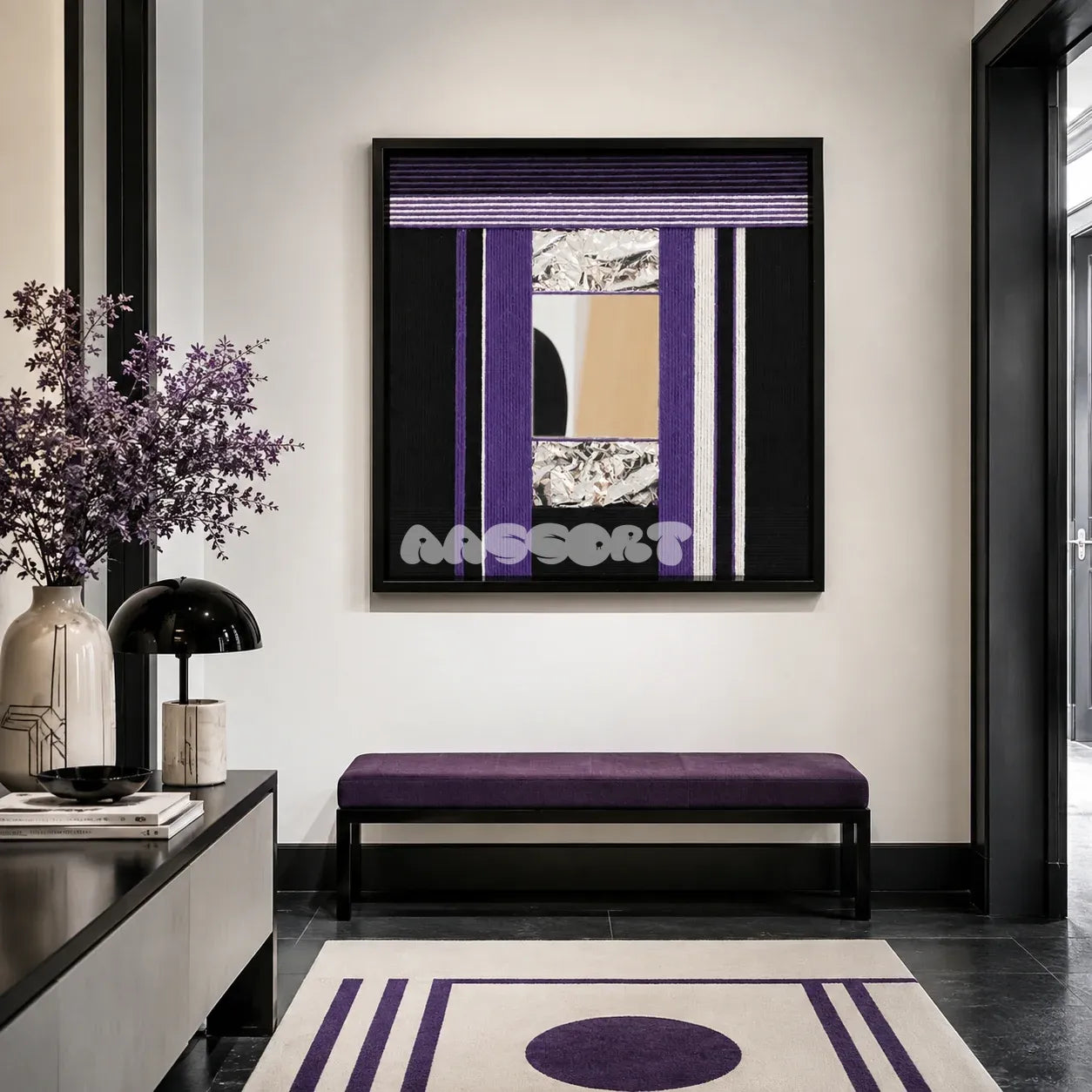 HOUTIAN SQ033 purple black white and silver framed yarn mirror art above a purple bench in a modern entryway