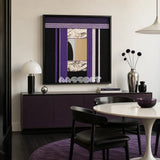 HOUTIAN SQ033 purple black white and silver framed yarn mirror art above a purple sideboard in a modern dining room