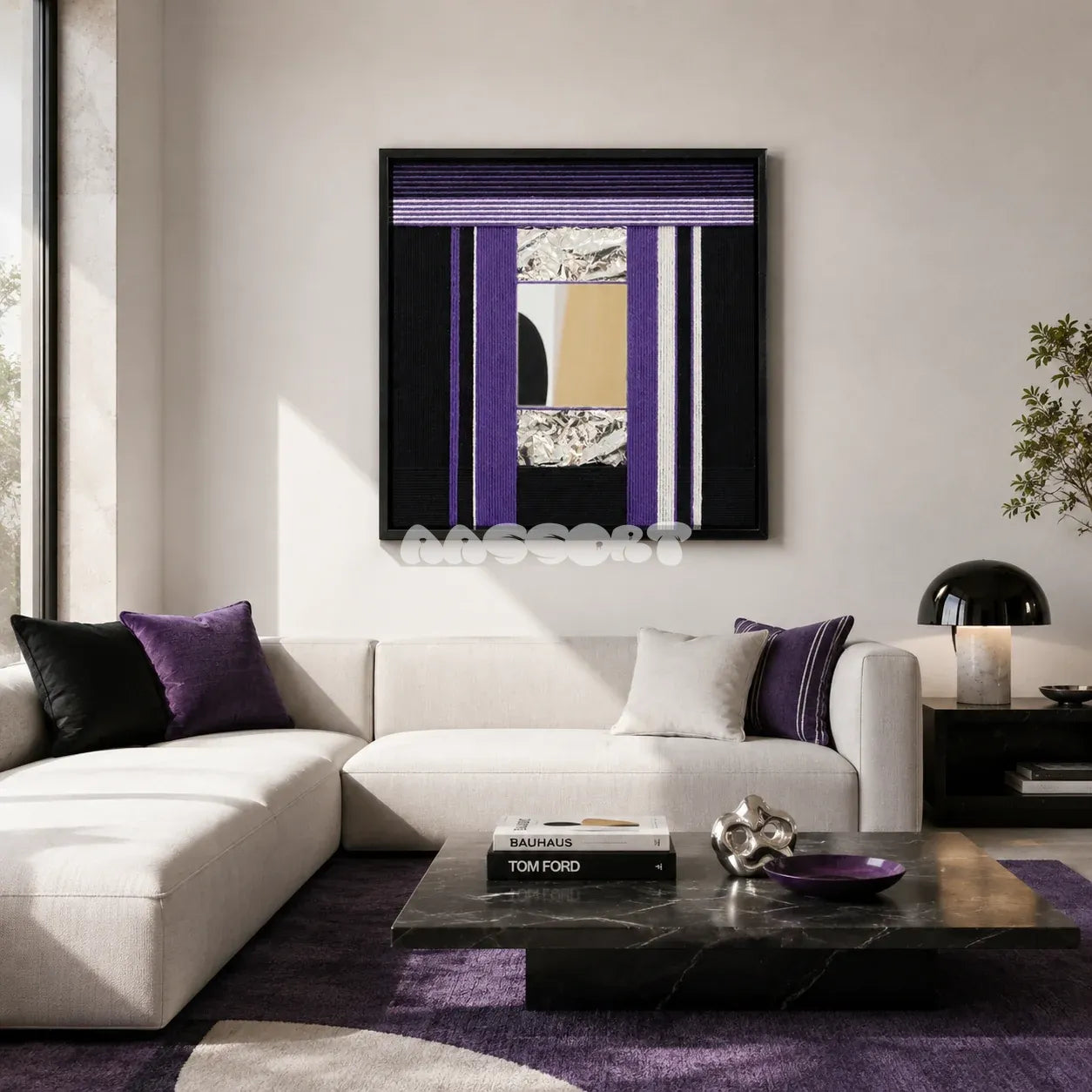 HOUTIAN SQ033 purple black white and silver framed yarn mirror art above a white sectional sofa in a bright modern living room
