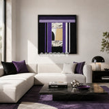 HOUTIAN SQ033 purple black white and silver framed yarn mirror art above a white sectional sofa in a bright modern living room