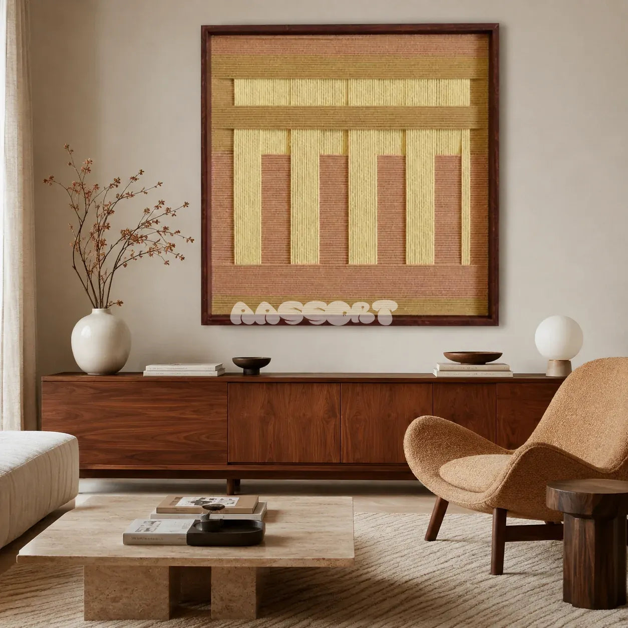 Autumn Mountain SQ034 tan blush and golden yellow framed yarn art above a walnut sideboard in a warm modern living room