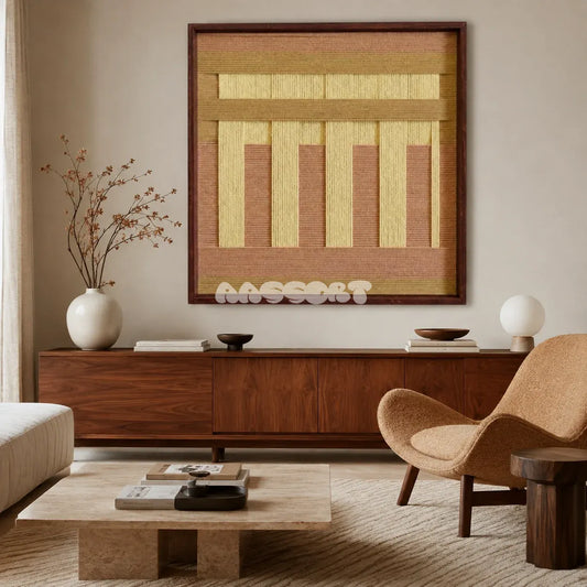 Autumn Mountain SQ034 tan blush and golden yellow framed yarn art above a walnut sideboard in a warm modern living room