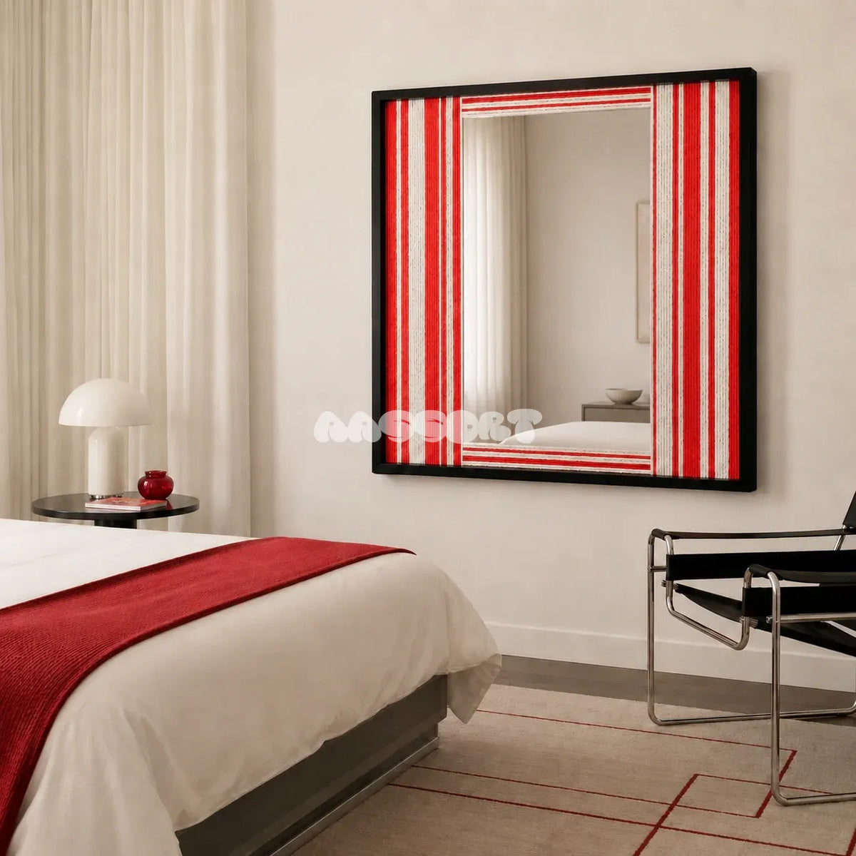 Wave Tide SQ035 red and white striped framed yarn mirror art beside a bed with a red throw in a bright modern bedroom