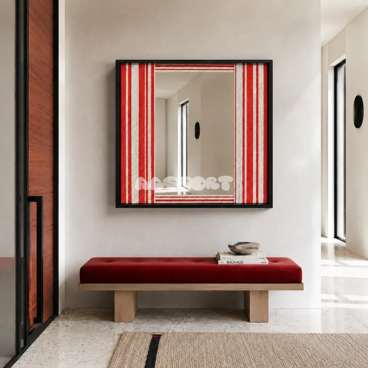 Wave Tide SQ035 red and white striped framed yarn mirror art above a red upholstered bench in a bright modern entryway